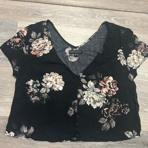 Kendall & Kylie Floral Button-Down Top V-Neck Short‎ Sleeve Blouse Large